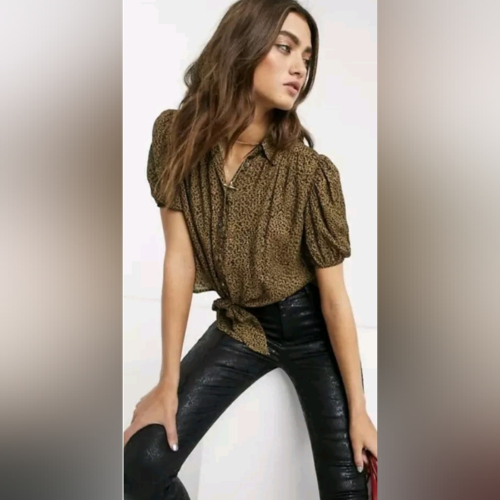 FREE PEOPLE Celia Leopard Animal Print  Tie Front Oversized Blouse Top Size S